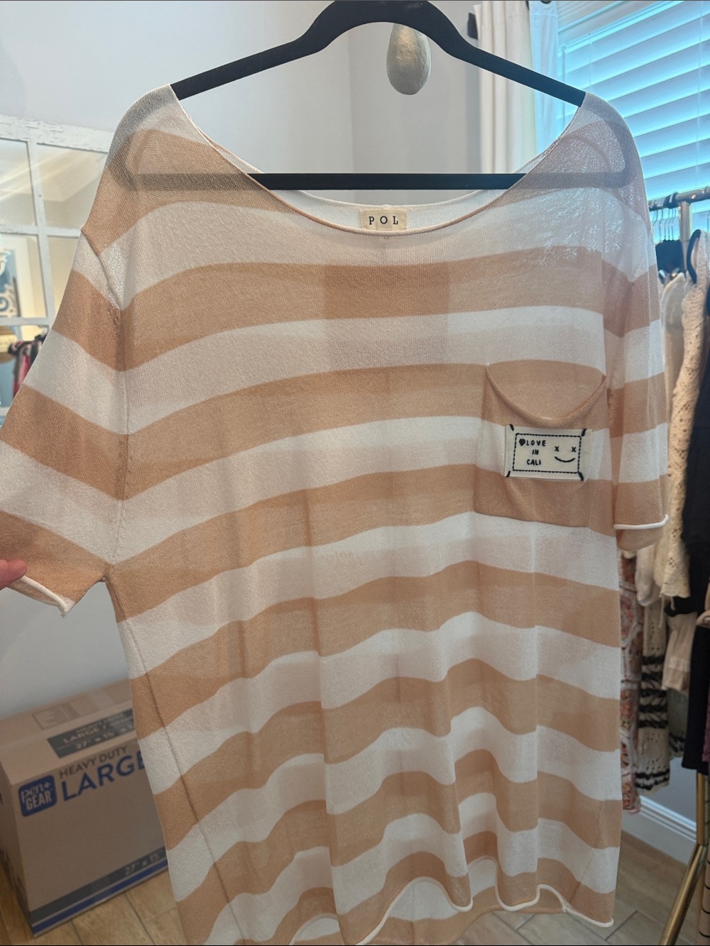 POL Beige and White Striped Short Sleeve Pocket Tee